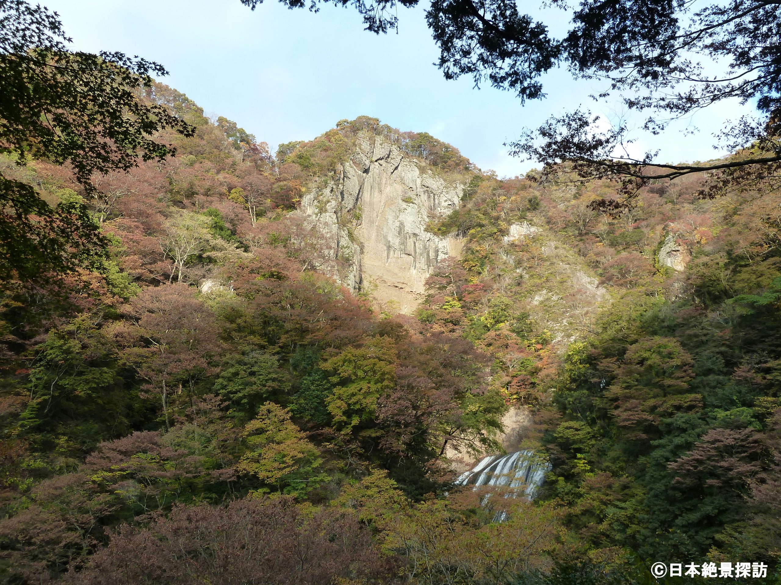 紅葉に囲まれる袋田の滝（茨城県大子町）