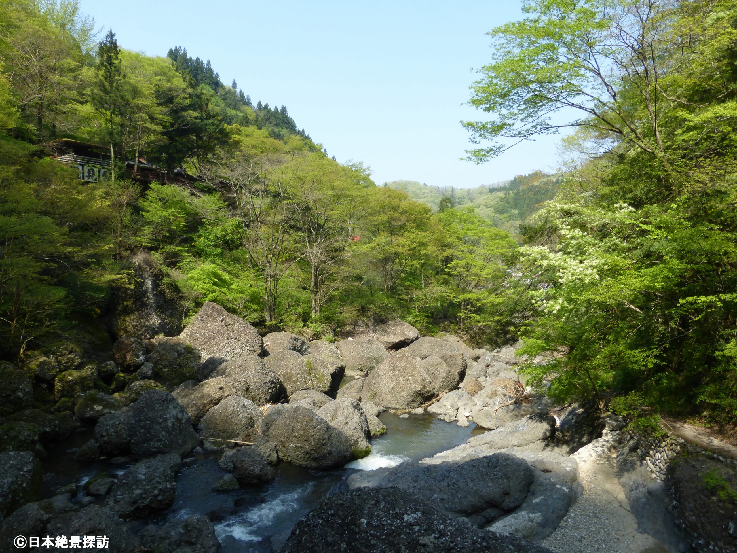 新緑の袋田の滝（茨城県大子町）・吊り橋から滝川を眺める