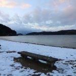 琵琶湖（滋賀県近江八幡市）の雪景色・夕暮れ
