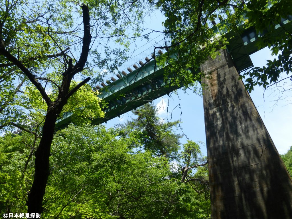 吐竜の滝（山梨県北杜市）・渓谷沿いの遊歩道上をJR小海線が走る