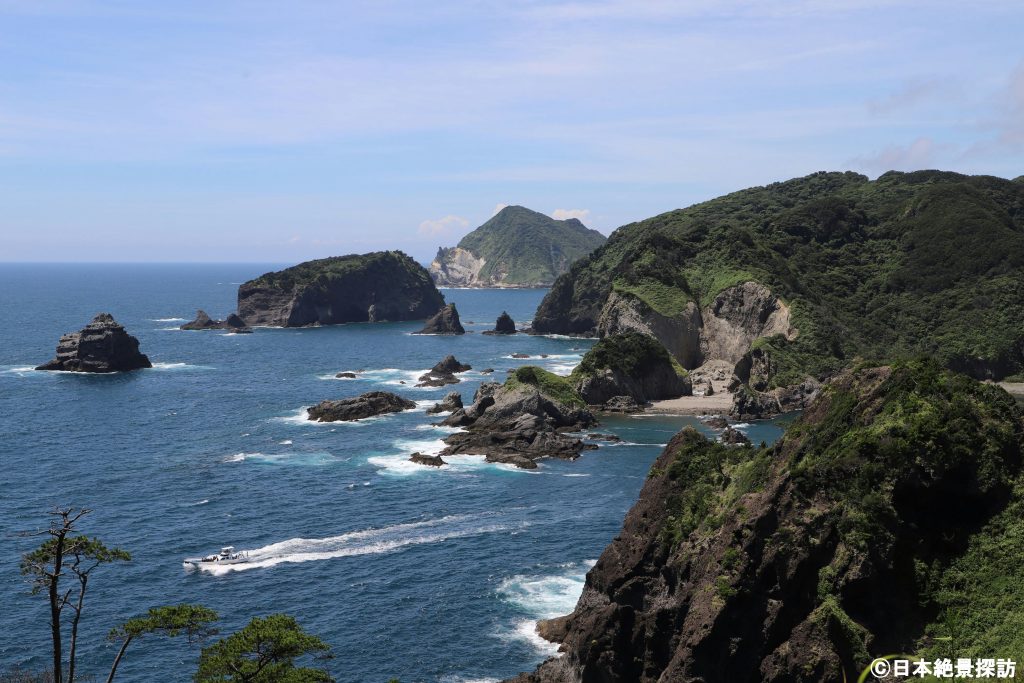あいあい岬/奥石廊崎（静岡県南伊豆町）・ヒリゾ浜へ行く渡し船が横切る
